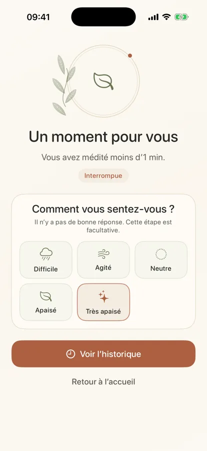 Écran réel de ressenti après une séance